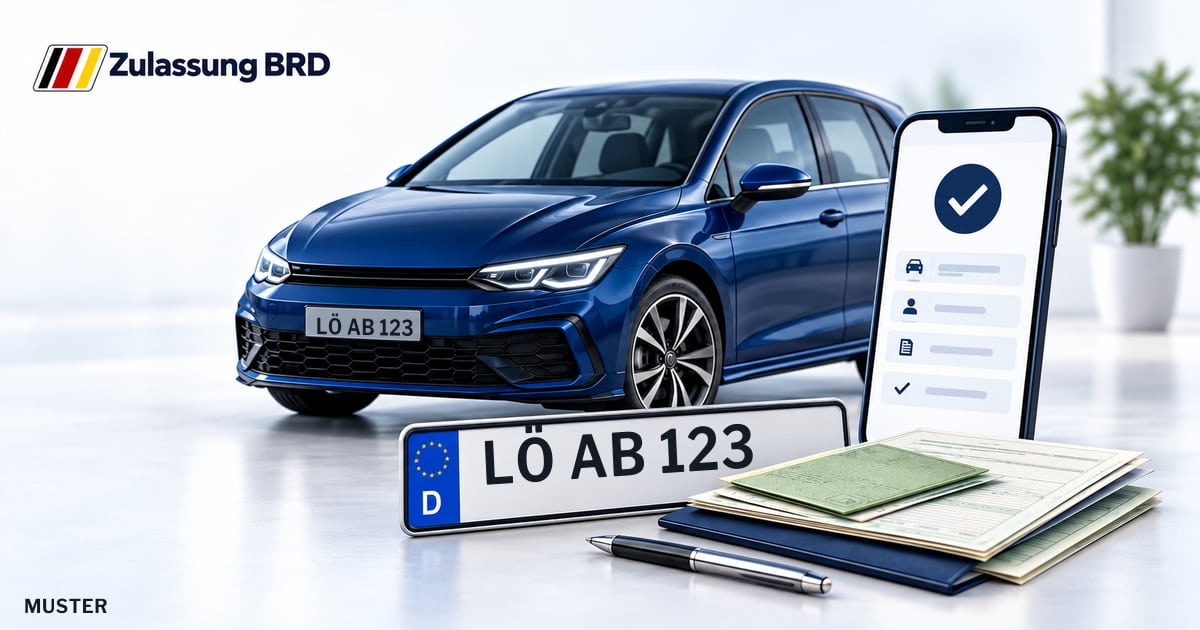 Online Fahrzeugzulassung in Weil am Rhein: Musterkennzeichen LÖ AB 123, Auto und Fahrzeugpapiere und Smartphone. Illustration mit Logo von Zulassung BRD.
